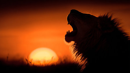 Lion yawning in front of the setting sun in Masai Mara, Kenyaの素材