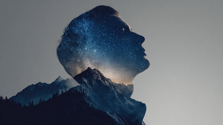 Double exposure of man silhouette and starry sky. Elements of this image are furnished by NASAの素材