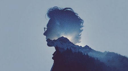 Double exposure of woman and mountain. Concept of travel, adventure and wanderlustの素材