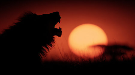 Silhouette of a lion yawning at sunset in the savannahの素材