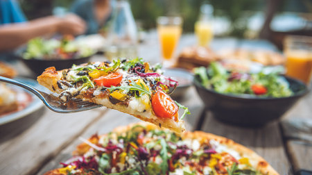 Delicious pizza with fresh vegetables and cheese on a wooden table.の素材