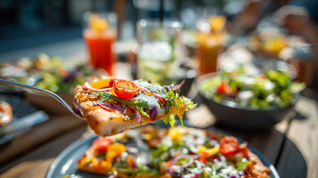 Pizza with fresh vegetables on a wooden table in a restaurant.の素材