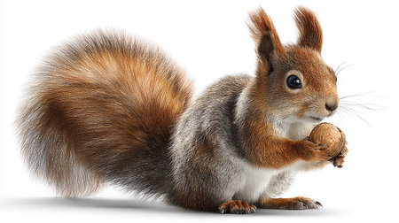 3D rendering of a red squirrel, Sciurus vulgaris, isolated on white backgroundの素材
