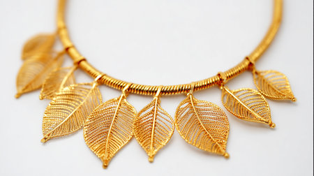Beautiful golden necklace on a white background. Close-up.の素材