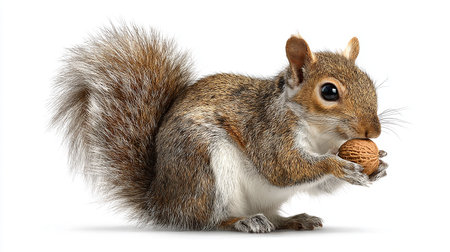 3D rendering of a grey squirrel with nut isolated on white backgroundの素材