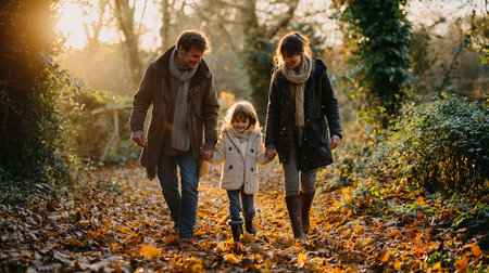 Happy family walking in autumn park. Father, mother and daughter spending time together.の素材