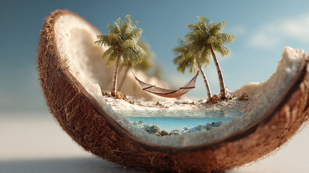 Hammock in coconut. 3d render. Vacation conceptの素材
