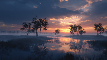 Landscape of foggy lake at sunrise with trees in the foregroundの素材