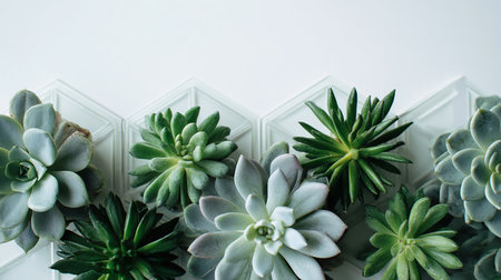 Succulents on white background, top view, copy spaceの素材