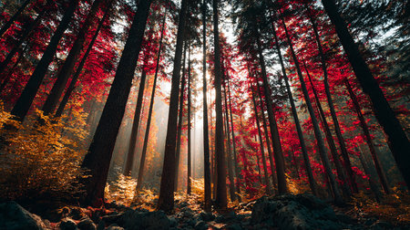 Autumn forest in the rays of the rising sun. Nature backgroundの素材