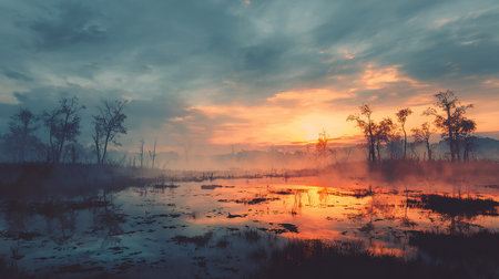 Sunrise over swamp with fog and trees in the morning, Thailandの素材