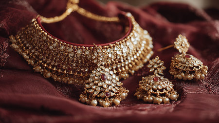 Indian Traditional Jewellery. Bracelet and earrings on red backgroundの素材
