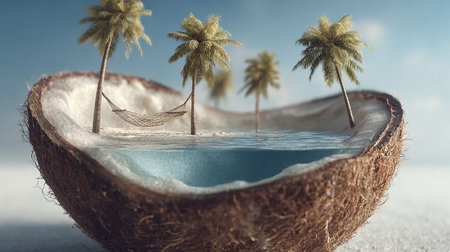 Tropical island with palms and hammock. 3d renderの素材