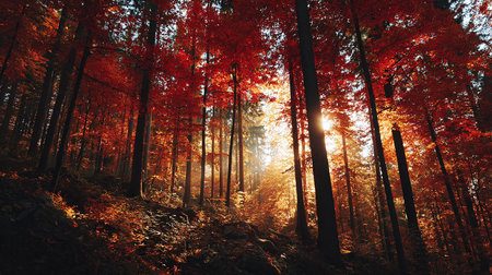 Sunlight in the autumn forest. Colorful forest with sunbeamsの素材