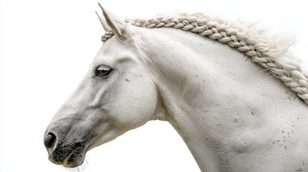 Portrait of a beautiful white horse with a braided maneの素材