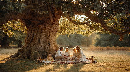 Beautiful family sitting under an oak tree in the park at sunsetの素材