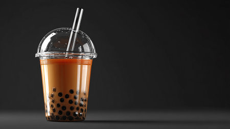 Plastic cup of bubble tea with straw on black background. 3d illustrationの素材