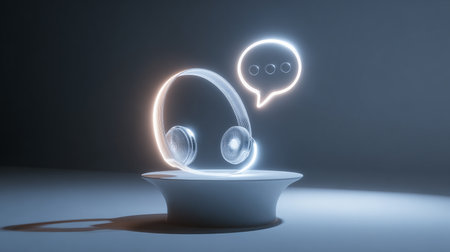 3d rendering of neon headphones with speech bubbles in the dark roomの素材