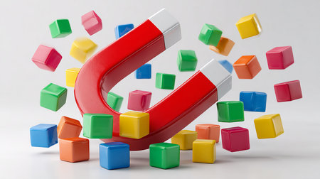 Magnet attracting colorful cubes on white background. 3D illustration.の素材