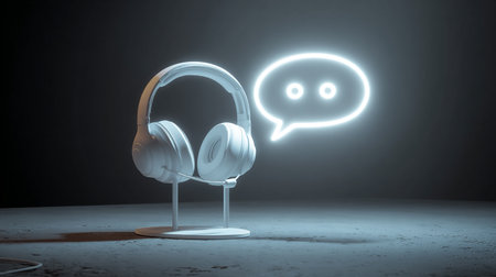 Digital composite of Headphones with speech bubble and blue light against dark backgroundの素材