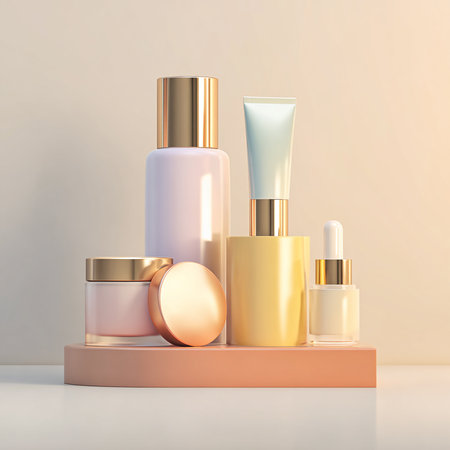 Cosmetic products on a podium. 3d rendering mock up.の素材