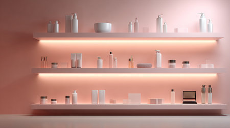3d render of cosmetic products on the shelf in the pink roomの素材