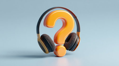 Question mark with headphones on a blue background. 3d rendering.の素材