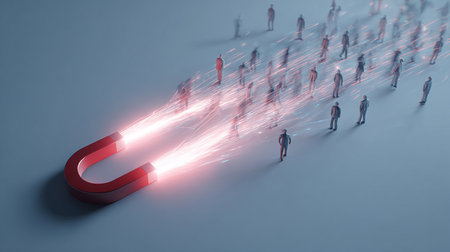 3d rendering of group of people with red magnet on blue backgroundの素材