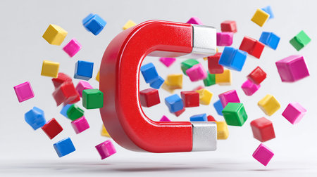 Red horseshoe with flying colorful cubes. 3d illustration.の素材