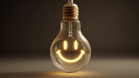 Glass glowing light bulb with smiley face inside, 3D renderingの素材