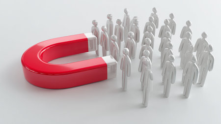 3d rendering of group of people with red magnet in white backgroundの素材