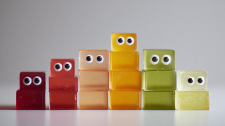 A row of colorful candies on a white background with eyes.の素材