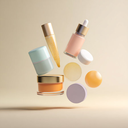 Cosmetic branding, salon and make-up concept - 3D render of concealer and nail polish bottles isolated on beige background.の素材