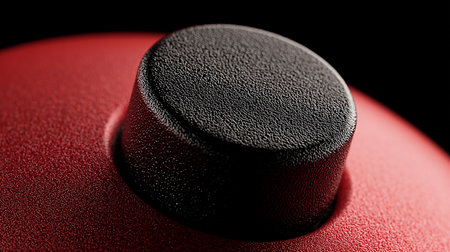 Close-up of a red power button on a black background.の素材