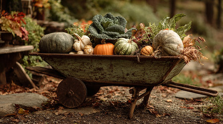 Harvested vegetables in wheelbarrow in autumn garden. Toned.の素材