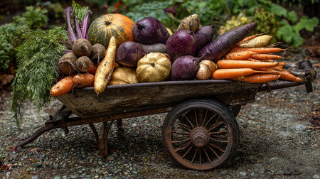 Harvested vegetables in a wheelbarrow. Selective focus.の素材