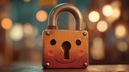 Closeup of golden padlock with smiley face on blurred backgroundの素材