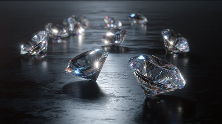 Diamonds on black background. 3D illustration. Selective focus.の素材