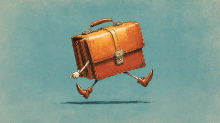 Suitcase running on a blue background. Vintage style illustration.の素材
