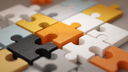 Colorful jigsaw puzzle pieces close up. Business solution concept.の素材