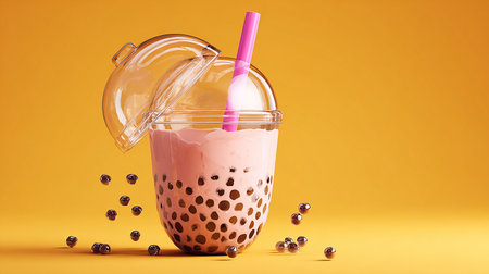 Strawberry milk bubble tea in plastic cup with straw on orange backgroundの素材