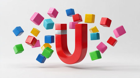 Magnet attracting colorful cubes on white background. 3D rendering.の素材