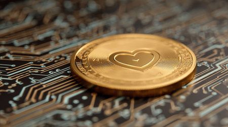 Golden heart on a computer circuit board close up. Cryptocurrency concept.の素材