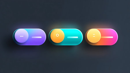 Illustration of multicolored buttons on dark background, 3d renderの素材
