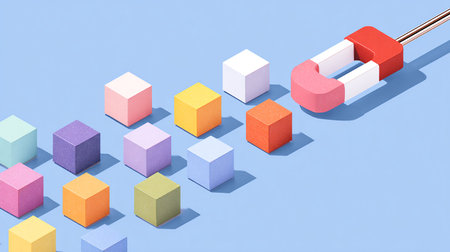 3d rendering of multicolored cubes on a blue background with a needleの素材