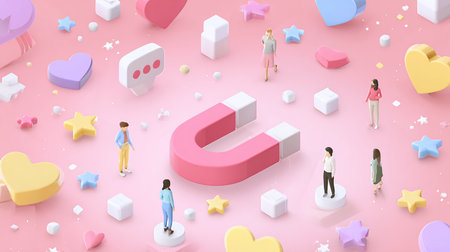 3d rendering of people with social media icons on pink background.の素材
