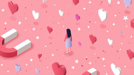 Valentine's Day background with a girl and hearts. Vector illustration.の素材