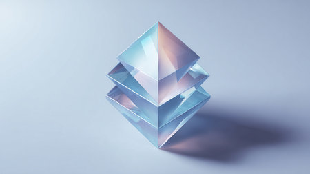 Blue glass pyramid on a white background. 3d render illustration.の素材