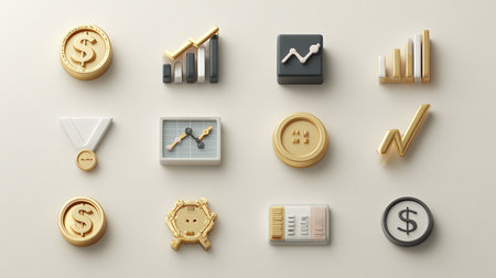 3d rendering. Set of gold business icons on white background.の素材