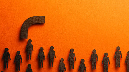 Group of people silhouettes and question mark on orange background, top viewの素材